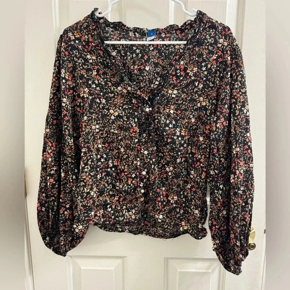 Old Navy size S long sleeve ruffle button front black floral blouse - Picture 1 of 8
